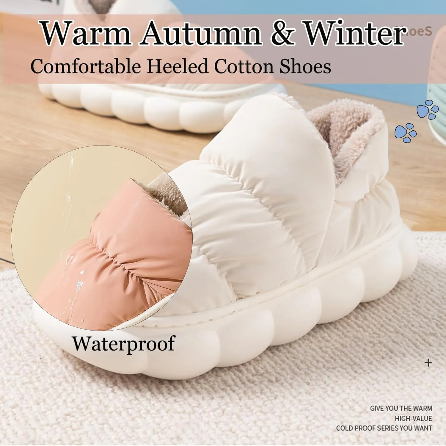 CT-Tebrun Fluffy Down Slippers - Unisex Winter Non-Slip Pillow Slippers for Men & Women - Waterproof Plush Flip Flop Bag Heel Casual Cotton Shoes Loafers