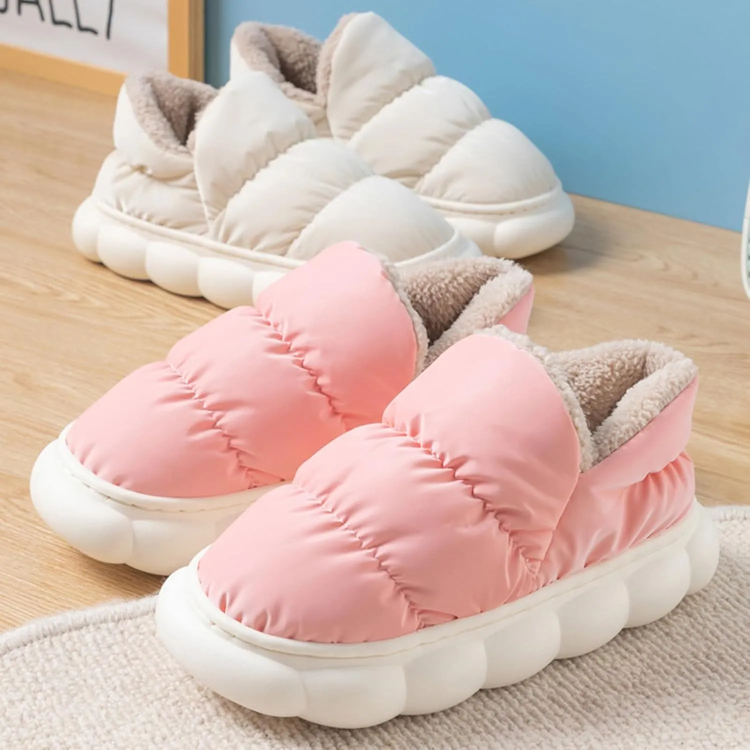 CT-Tebrun Fluffy Down Slippers - Unisex Winter Non-Slip Pillow Slippers for Men & Women - Waterproof Plush Flip Flop Bag Heel Casual Cotton Shoes Loafers