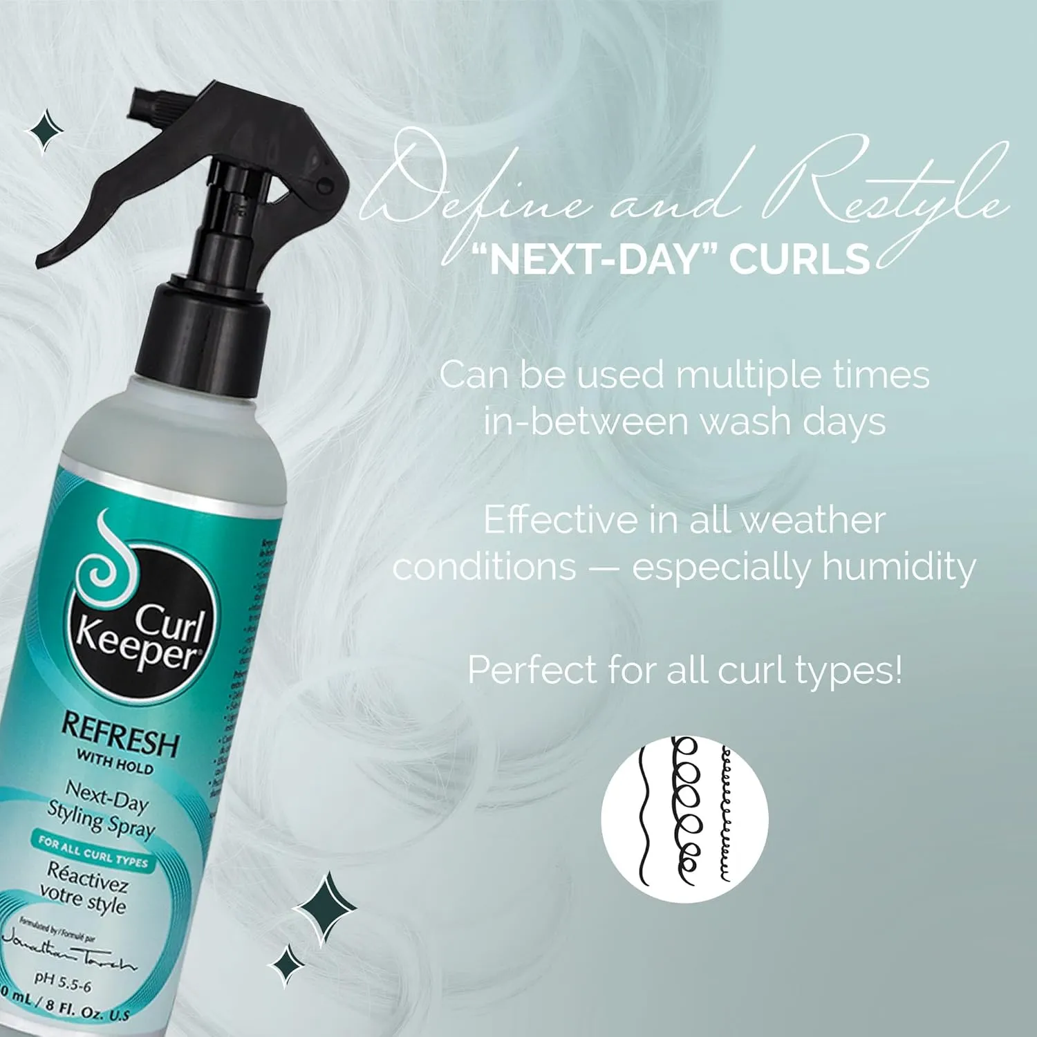 Curl Keeper Refresh Hair Styling Spray for Curly Hair - Lightweight Water-Based Anti-Frizz Formula with Hold for Wavy and Curly Styles, 8 Fl Oz