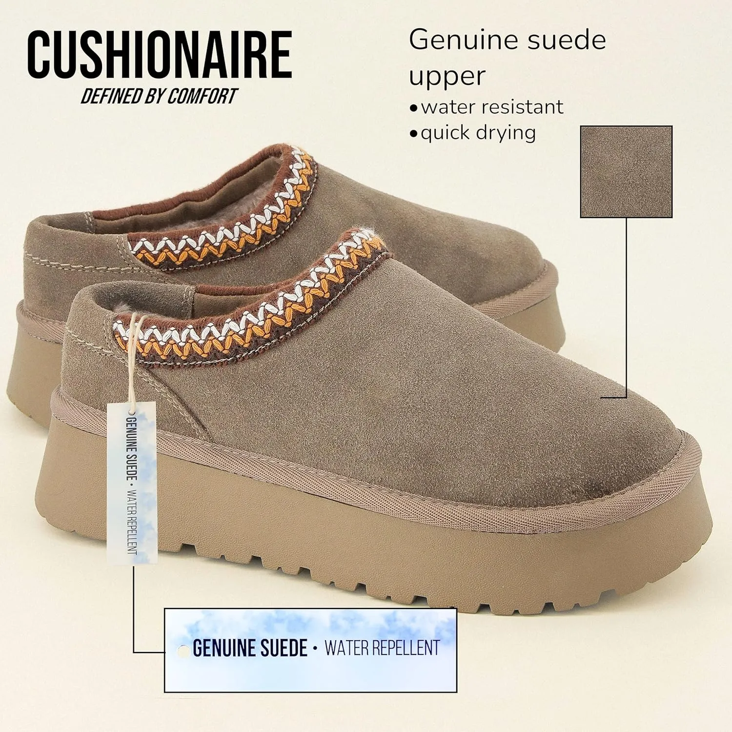 CUSHIONAIRE Kabuki Platform Boots Genuine Suede Fuzzy Mule Slippers for Women with Memory Foam | Indoor/Outdoor Womens Slippers | Wide Widths Available