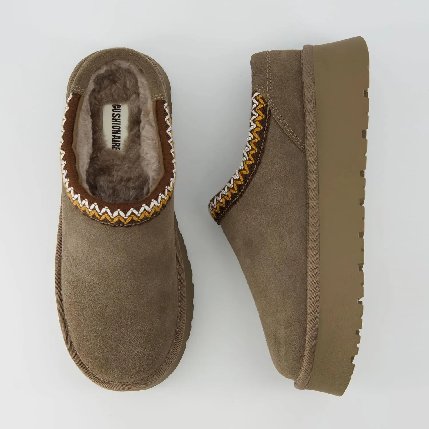 CUSHIONAIRE Kabuki Platform Boots Genuine Suede Fuzzy Mule Slippers for Women with Memory Foam | Indoor/Outdoor Womens Slippers | Wide Widths Available