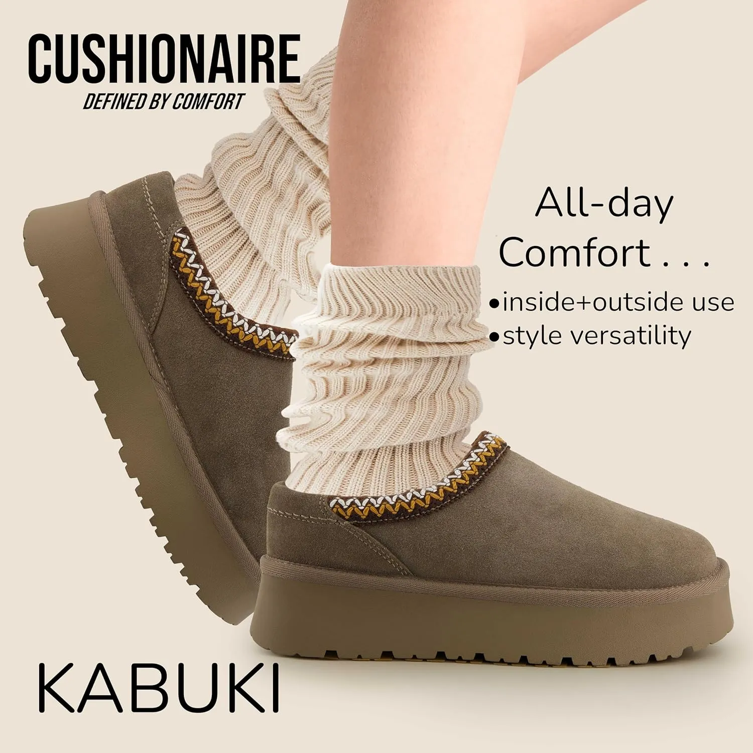 CUSHIONAIRE Kabuki Platform Boots Genuine Suede Fuzzy Mule Slippers for Women with Memory Foam | Indoor/Outdoor Womens Slippers | Wide Widths Available