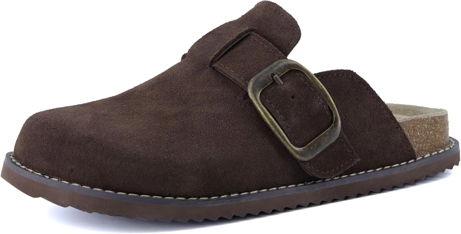 CUSHIONAIRE Women's Blain Genuine Suede Slip-On Clogs with   Memory Foam & Chic Buckle Mule - Comfortable, Non-Slip, Wide Widths Available