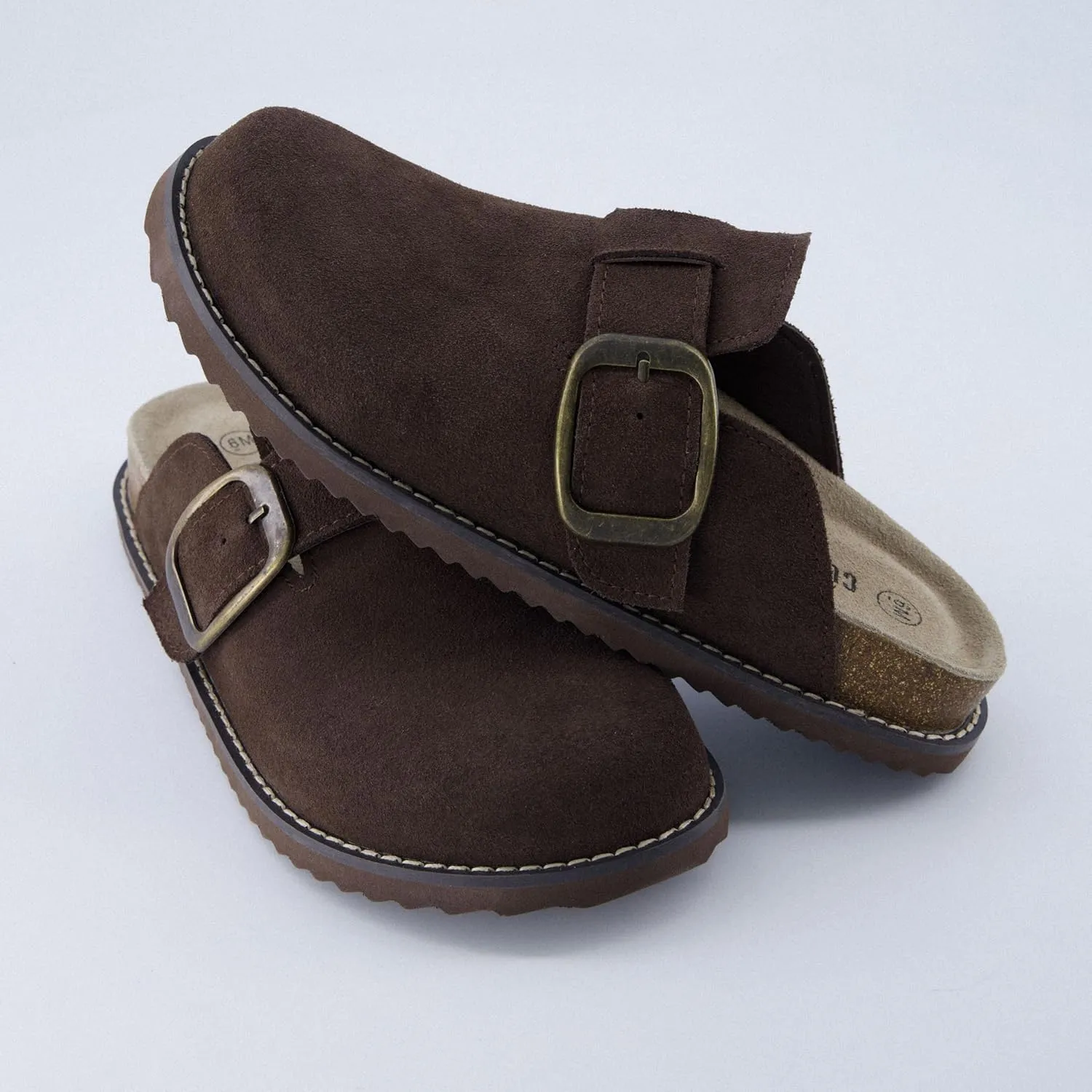 CUSHIONAIRE Women's Blain Genuine Suede Slip-On Clogs with   Memory Foam & Chic Buckle Mule - Comfortable, Non-Slip, Wide Widths Available