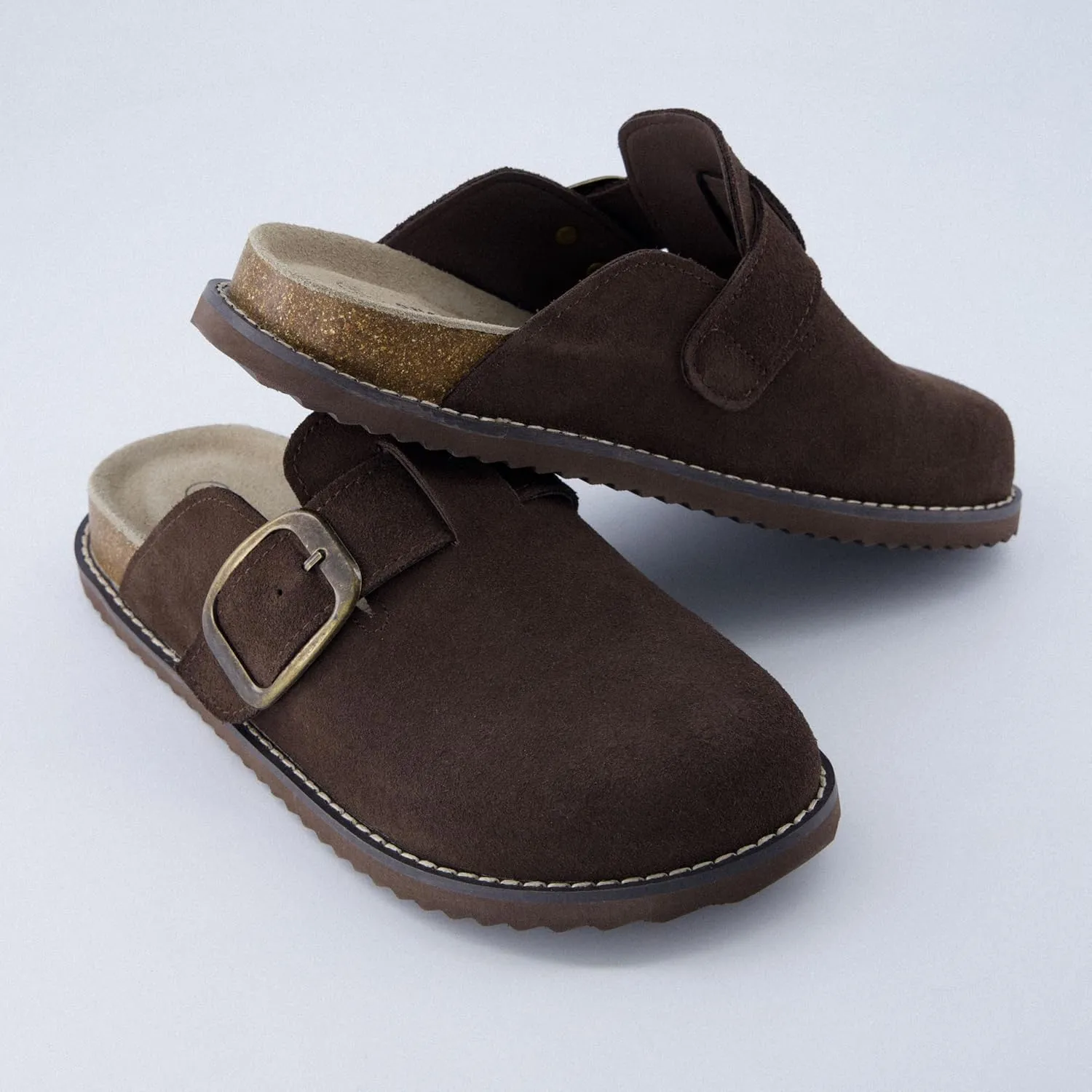 CUSHIONAIRE Women's Blain Genuine Suede Slip-On Clogs with   Memory Foam & Chic Buckle Mule - Comfortable, Non-Slip, Wide Widths Available