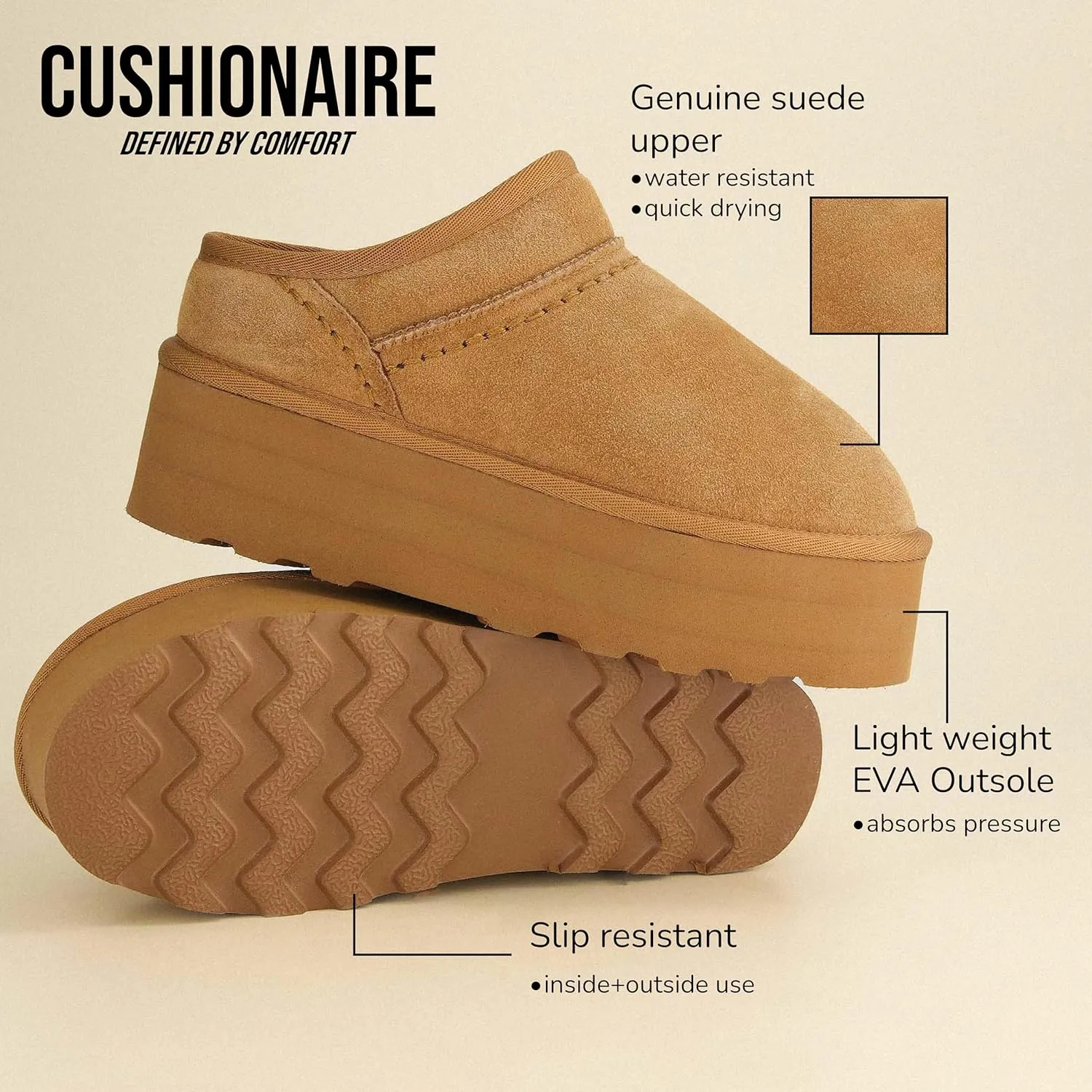 CUSHIONAIRE Women's Huggy Genuine Suede Cozy Mule Platform  Memory Foam, Wide Widths Available