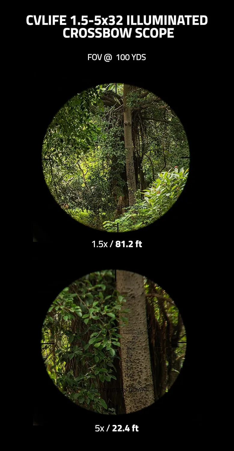 CVLIFE 1.5-5x32 Crossbow Scope, 20-100 Yards Etched Glass Ballistic Reticle, Red Green Illuminated Crossbow Scope for Hunting with 20mm Scope Rings
