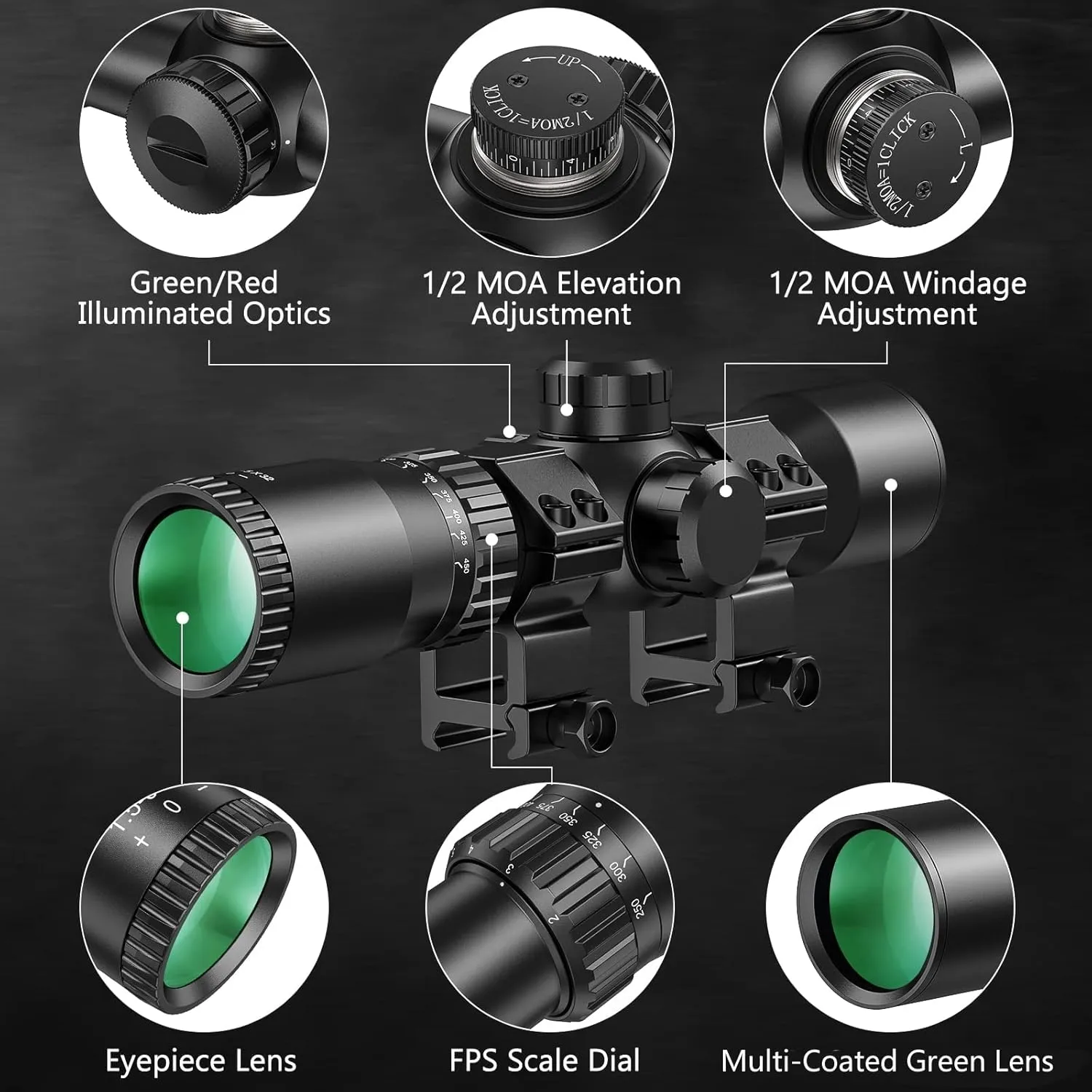 CVLIFE 1.5-5x32 Crossbow Scope, 20-100 Yards Etched Glass Ballistic Reticle, Red Green Illuminated Crossbow Scope for Hunting with 20mm Scope Rings
