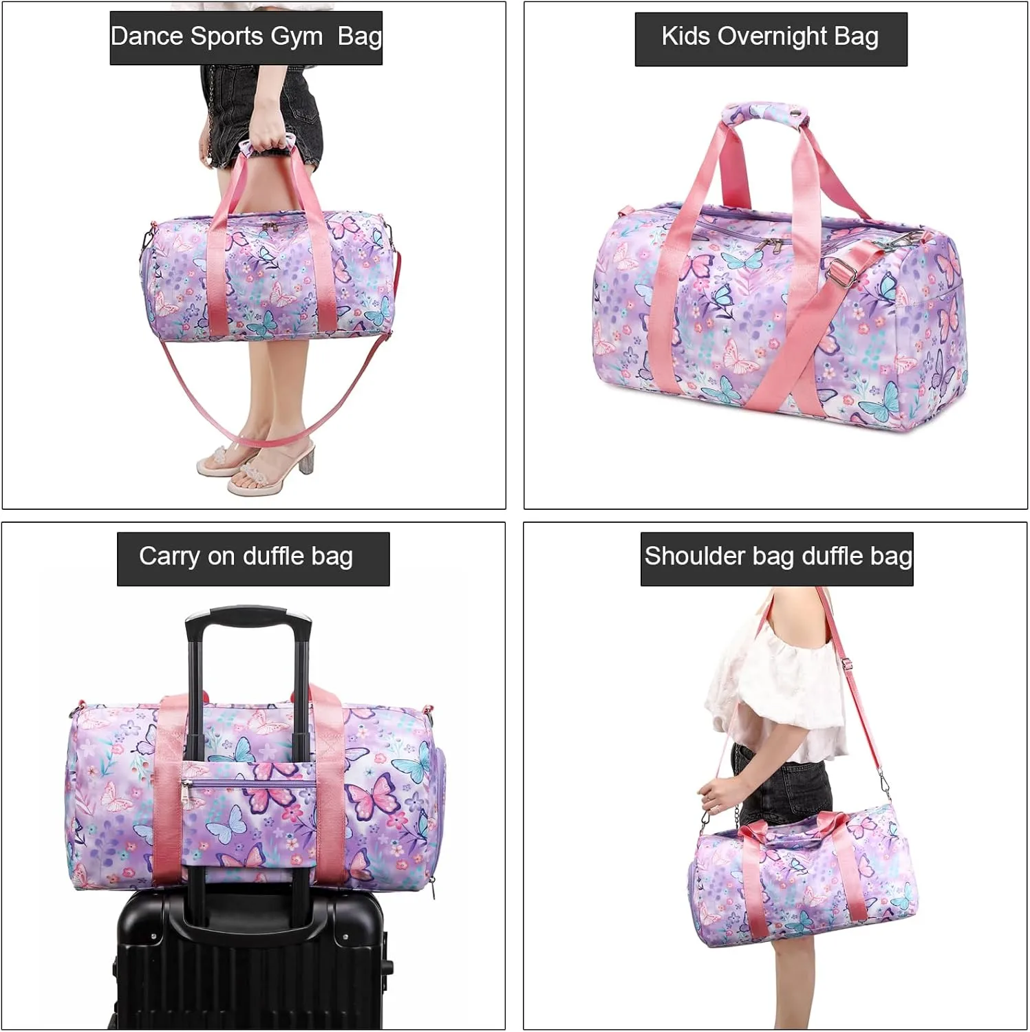 Dance Bag Girls Gymnastics Bag Kids Overnight Duffle Bag with Shoe Compartment, Kids Travel Weekender Sleepover Carry On Bag (Butterfly Purple)