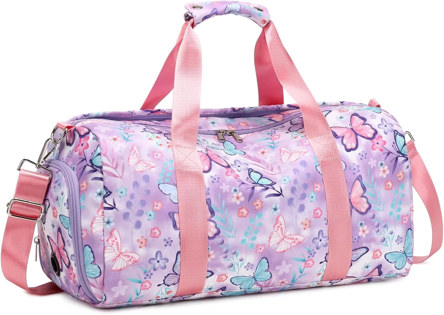 Dance Bag Girls Gymnastics Bag Kids Overnight Duffle Bag with Shoe Compartment, Kids Travel Weekender Sleepover Carry On Bag (Butterfly Purple)