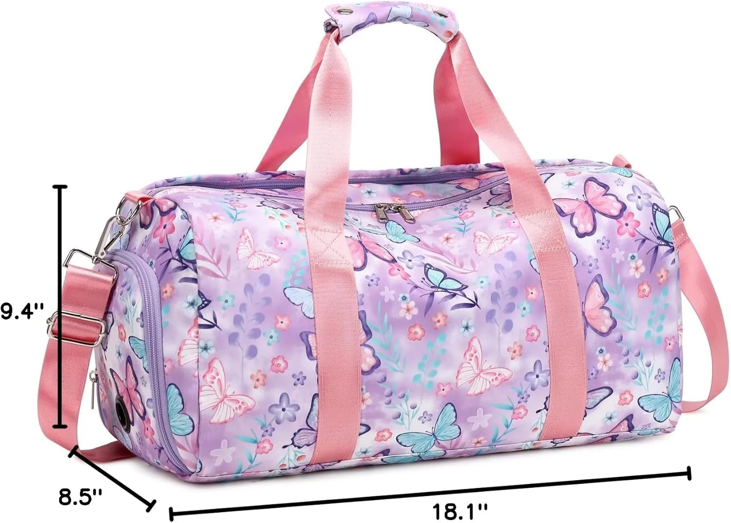 Dance Bag Girls Gymnastics Bag Kids Overnight Duffle Bag with Shoe Compartment, Kids Travel Weekender Sleepover Carry On Bag (Butterfly Purple)