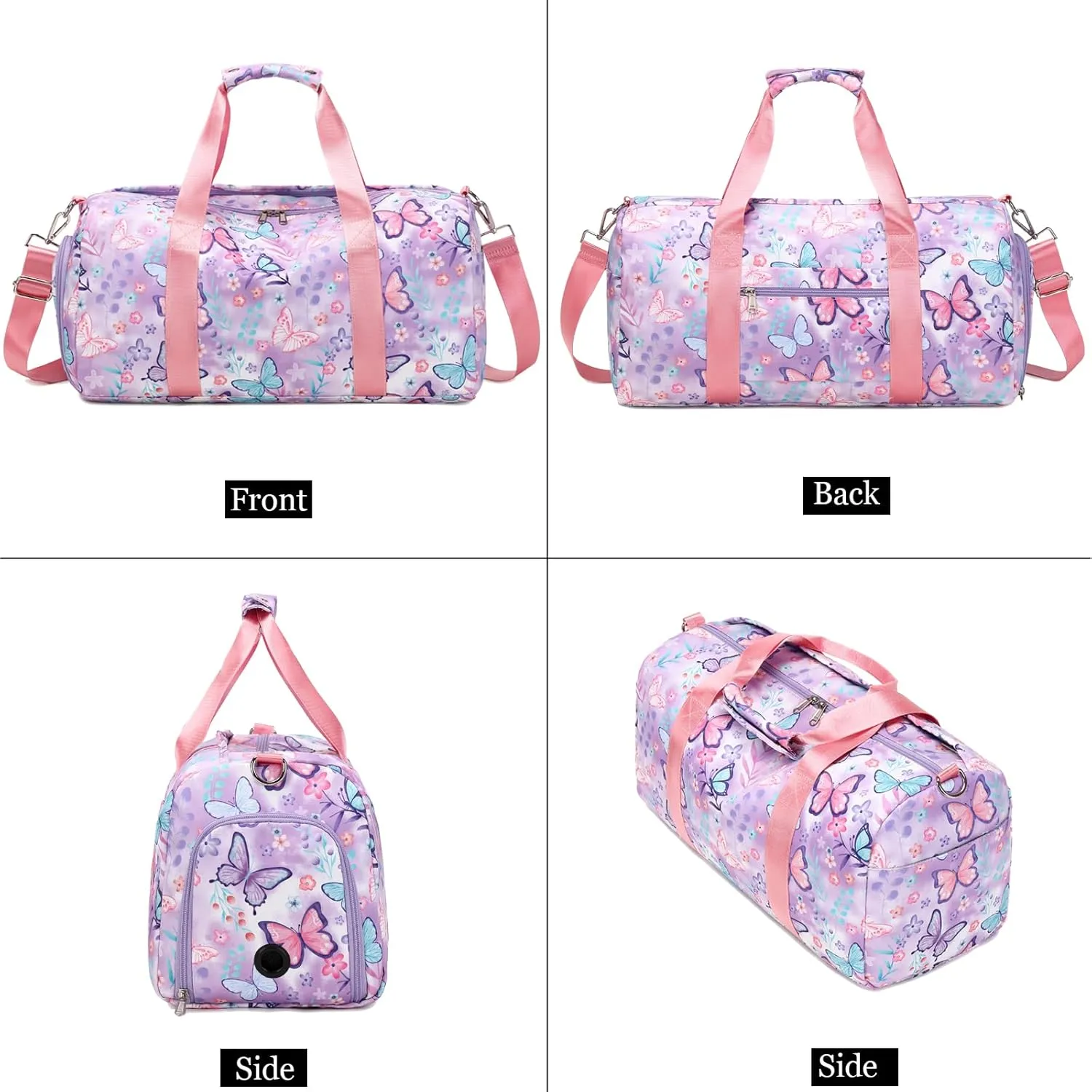 Dance Bag Girls Gymnastics Bag Kids Overnight Duffle Bag with Shoe Compartment, Kids Travel Weekender Sleepover Carry On Bag (Butterfly Purple)