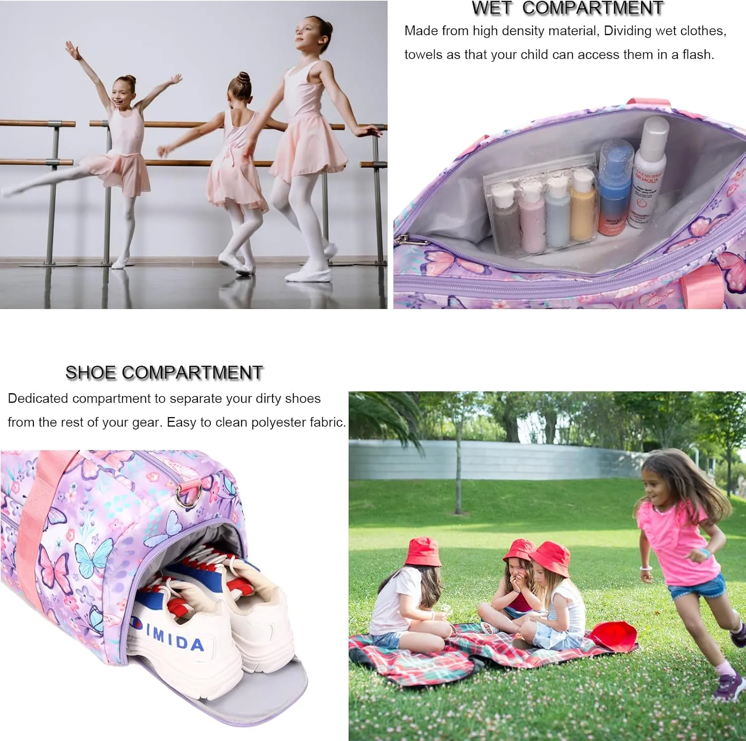 Dance Bag Girls Gymnastics Bag Kids Overnight Duffle Bag with Shoe Compartment, Kids Travel Weekender Sleepover Carry On Bag (Butterfly Purple)