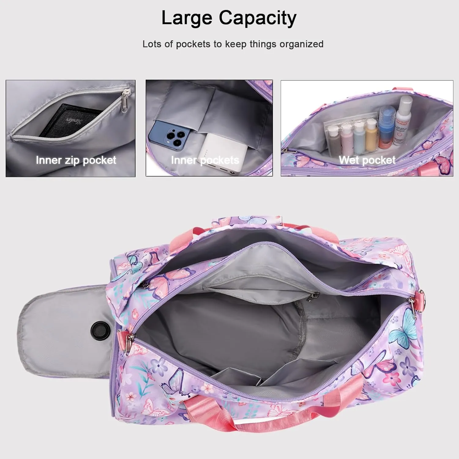 Dance Bag Girls Gymnastics Bag Kids Overnight Duffle Bag with Shoe Compartment, Kids Travel Weekender Sleepover Carry On Bag (Butterfly Purple)
