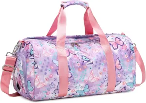 Dance Bag Girls Gymnastics Bag Kids Overnight Duffle Bag with Shoe Compartment, Kids Travel Weekender Sleepover Carry On Bag (Butterfly Purple)