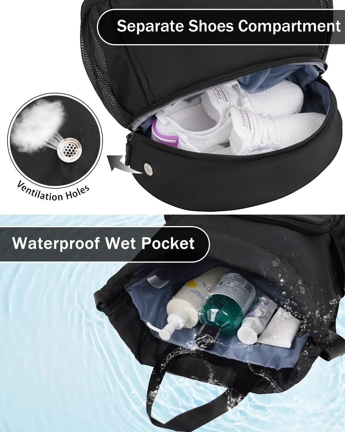 Drawstring Backpack Gym Backpack with Shoe Compartment for Men Women String Sports Bag with Wet Pocket Cinch Swim Beach Bag, Black (Patent Pending)