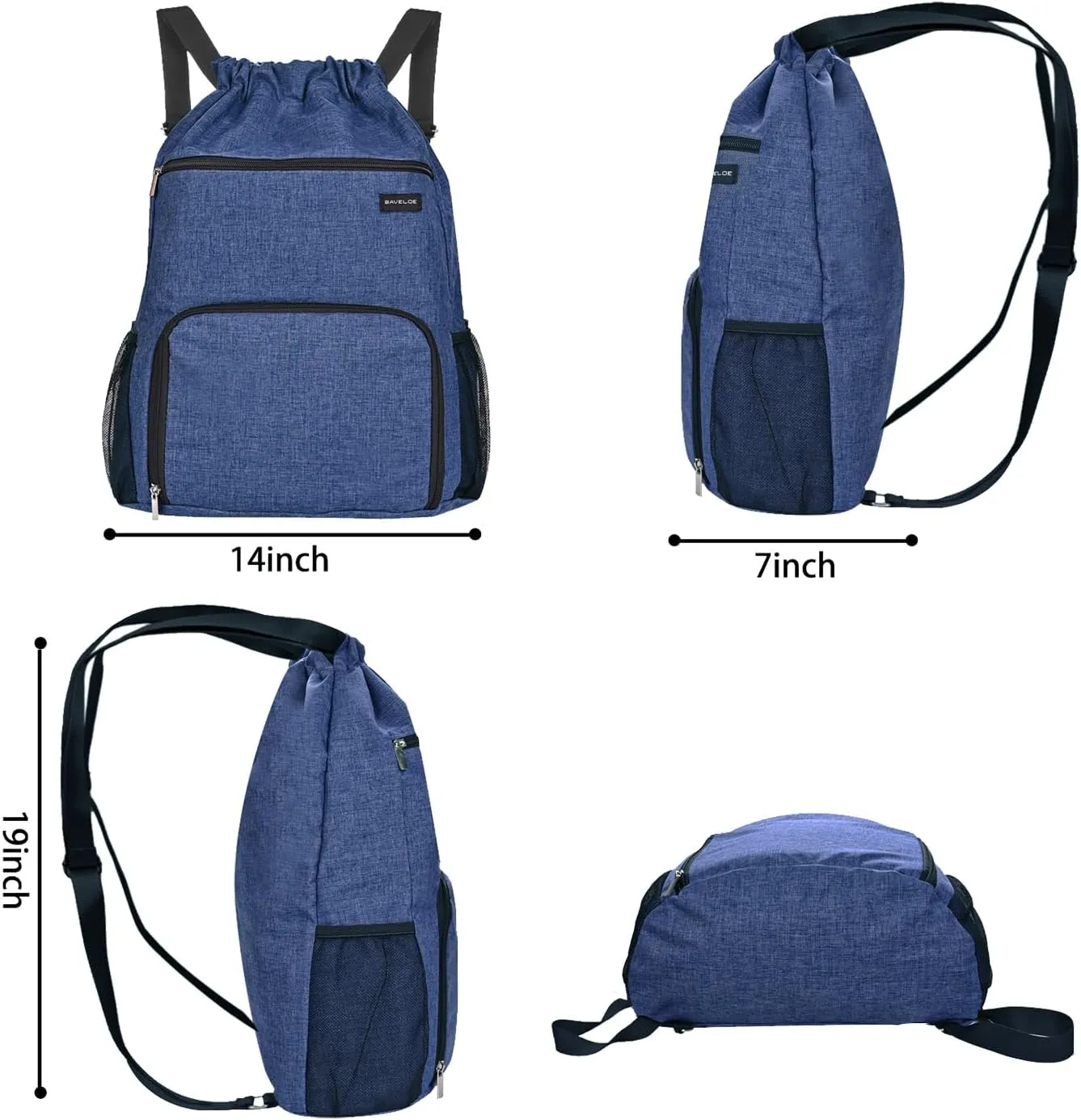Drawstring Backpack with Wet Pocket & Shoe Compartment, Water-Resistant Sports Gym Swim String Bag for Women Men(Navy Blue)
