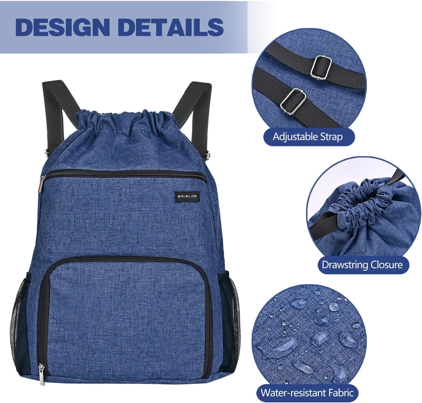 Drawstring Backpack with Wet Pocket & Shoe Compartment, Water-Resistant Sports Gym Swim String Bag for Women Men(Navy Blue)