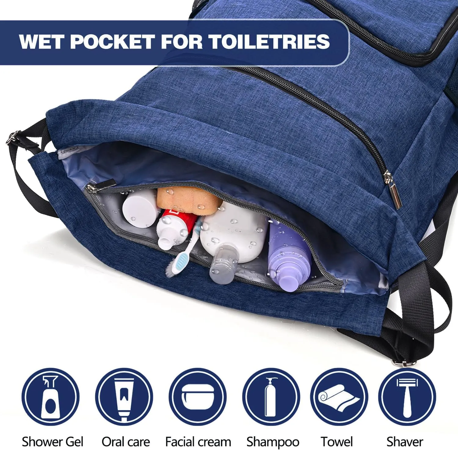 Drawstring Backpack with Wet Pocket & Shoe Compartment, Water-Resistant Sports Gym Swim String Bag for Women Men(Navy Blue)