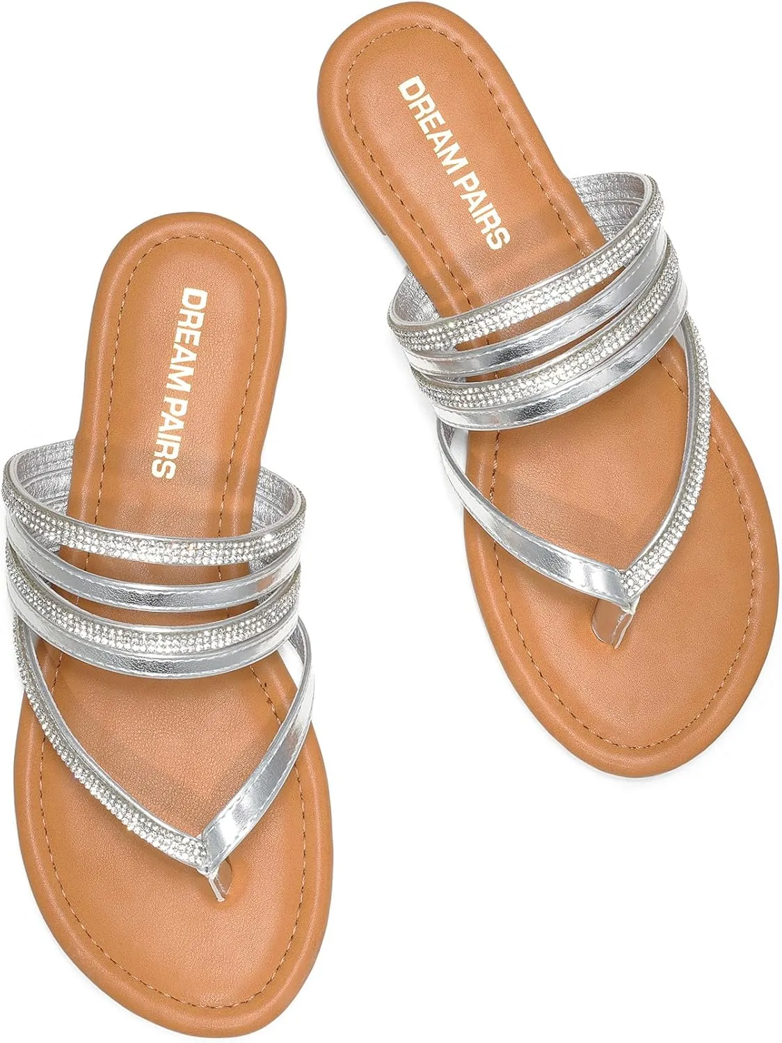 DREAM PAIRS Women's Sparkly Flip Flops Round Toe Multi Strap lightweight Summer Beach Flat Casual Thong Sandals