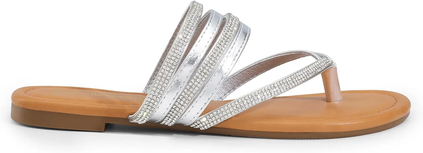 DREAM PAIRS Women's Sparkly Flip Flops Round Toe Multi Strap lightweight Summer Beach Flat Casual Thong Sandals