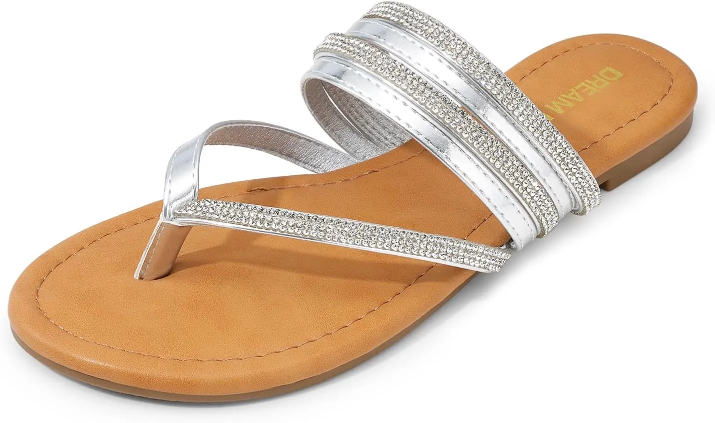 DREAM PAIRS Women's Sparkly Flip Flops Round Toe Multi Strap lightweight Summer Beach Flat Casual Thong Sandals