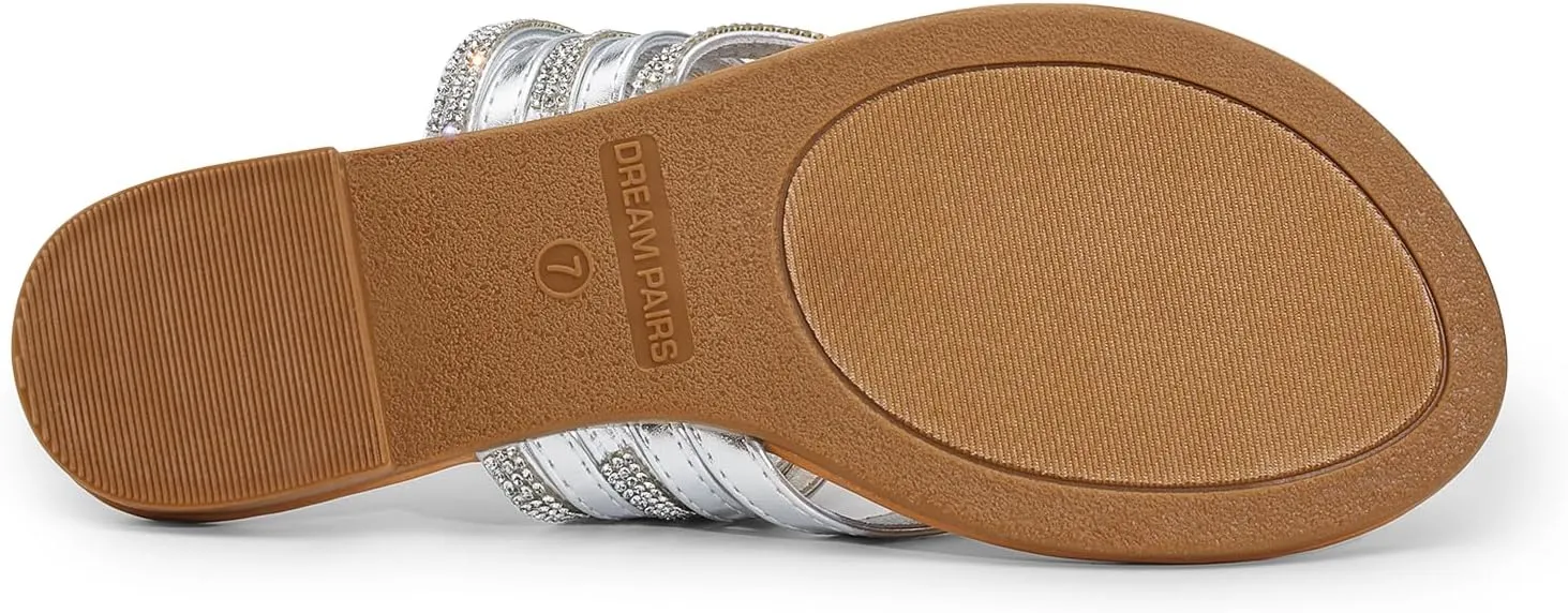 DREAM PAIRS Women's Sparkly Flip Flops Round Toe Multi Strap lightweight Summer Beach Flat Casual Thong Sandals