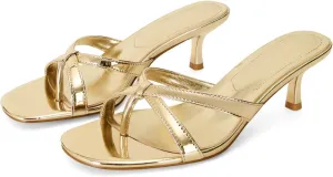 Dsevht Gold Kitten Heel Sandals for Women Flip Flop Strappy Mule heels Rounded Open Toe Heeled Thong Sandals Women