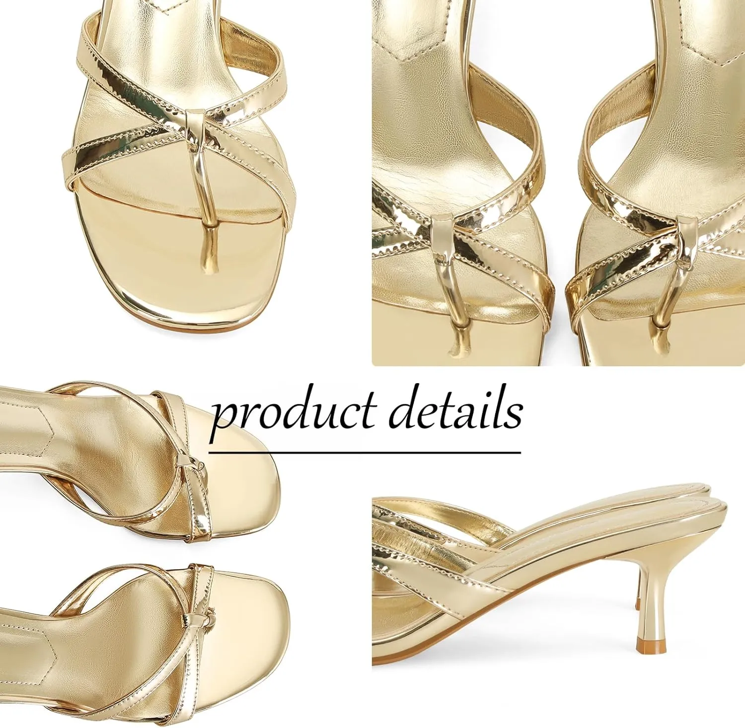 Dsevht Gold Kitten Heel Sandals for Women Flip Flop Strappy Mule heels Rounded Open Toe Heeled Thong Sandals Women