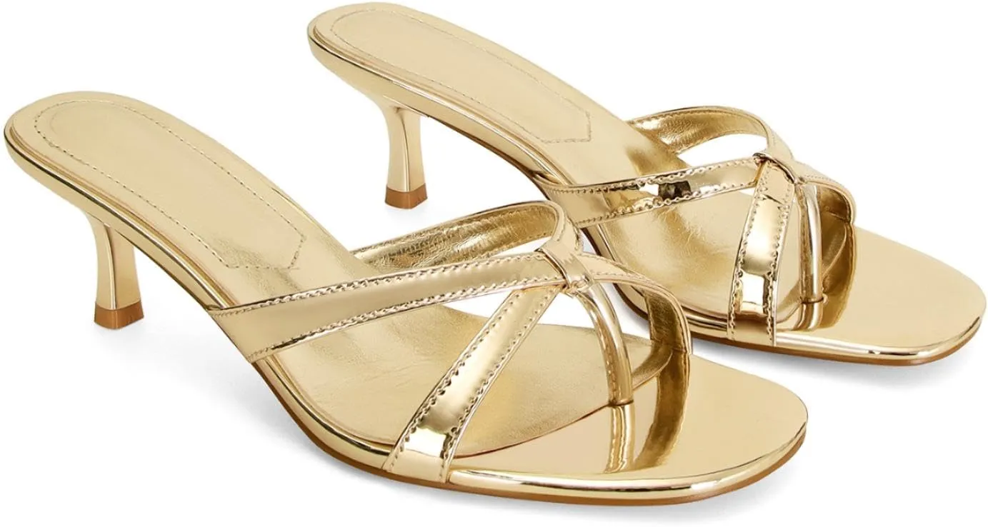 Dsevht Gold Kitten Heel Sandals for Women Flip Flop Strappy Mule heels Rounded Open Toe Heeled Thong Sandals Women