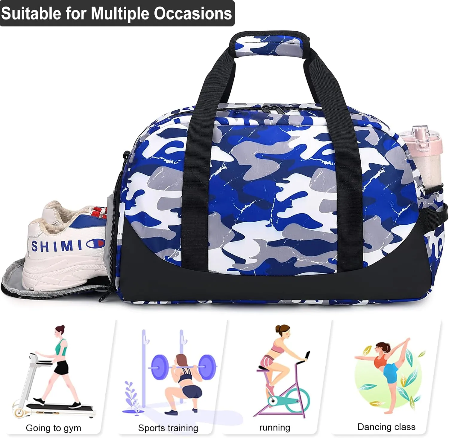 DSIUE Boys Duffle Bag Sports Gym Bag Overnight Weekender Travel Duffel Bag With Shoe Compartment (Camo Blue)