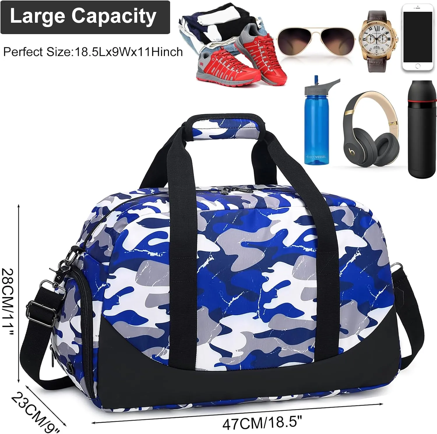 DSIUE Boys Duffle Bag Sports Gym Bag Overnight Weekender Travel Duffel Bag With Shoe Compartment (Camo Blue)
