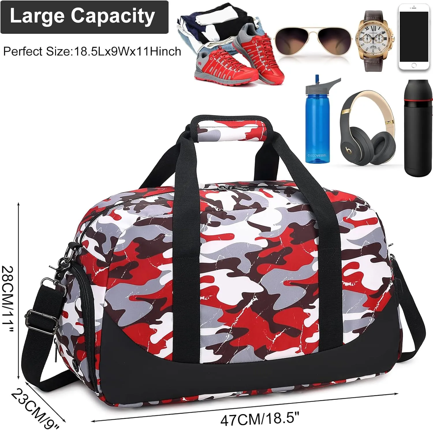 DSIUE Boys Duffle Bag Sports Gym Bag Overnight Weekender Travel Duffel Bag With Shoe Compartment (Camo Red)