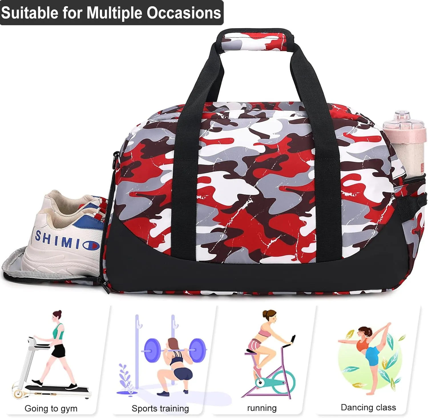 DSIUE Boys Duffle Bag Sports Gym Bag Overnight Weekender Travel Duffel Bag With Shoe Compartment (Camo Red)