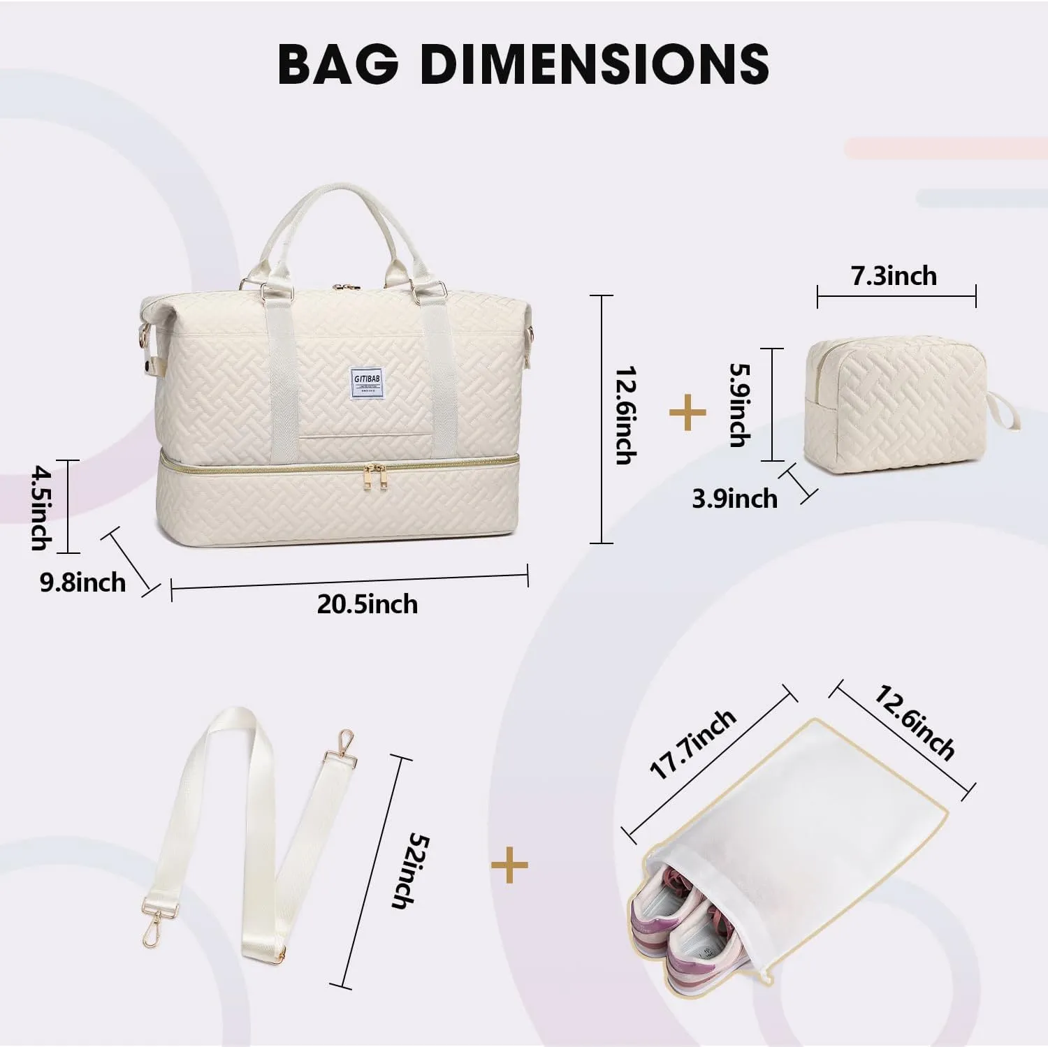 Duffle Bags for women,50L Quilted Travel Weekender Bag with Shoe Compartment, Large Carry On Overnight Tote Gym Bag