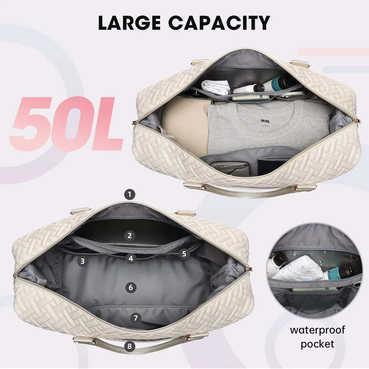 Duffle Bags for women,50L Quilted Travel Weekender Bag with Shoe Compartment, Large Carry On Overnight Tote Gym Bag