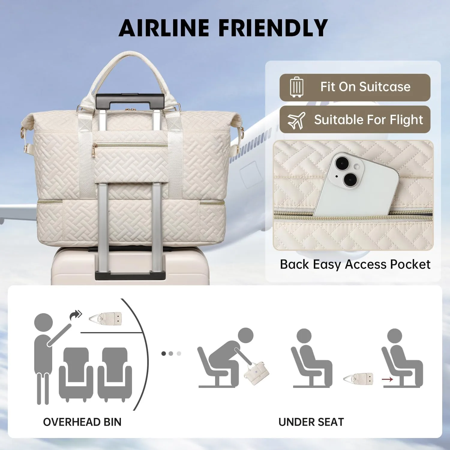 Duffle Bags for women,50L Quilted Travel Weekender Bag with Shoe Compartment, Large Carry On Overnight Tote Gym Bag
