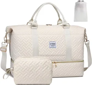 Duffle Bags for women,50L Quilted Travel Weekender Bag with Shoe Compartment, Large Carry On Overnight Tote Gym Bag