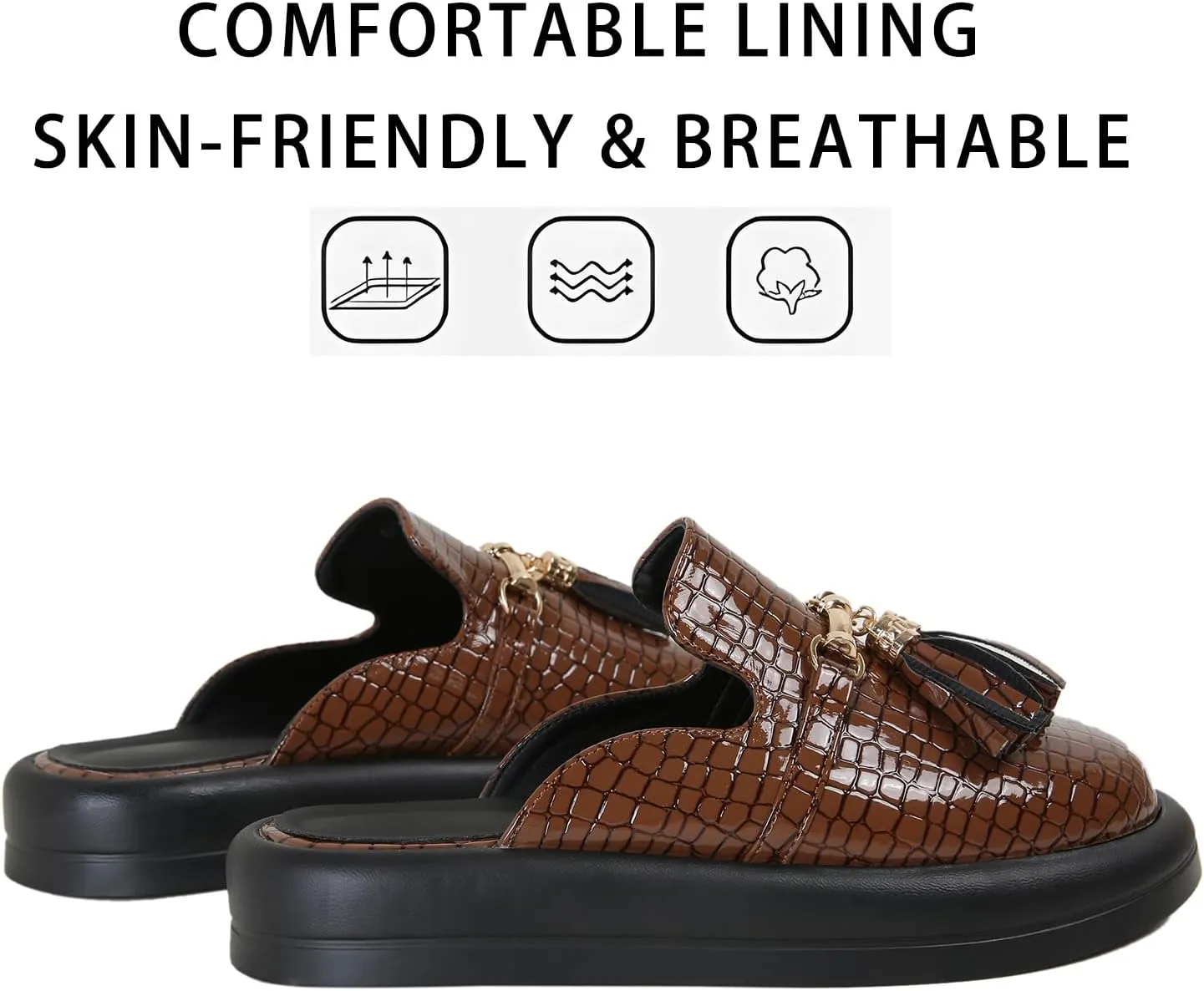 Dumalum Mules for Women Flats Closed Round Toe Slip on Sandals Comfortable Loafers Slides Shoes with Metal Chain Decor