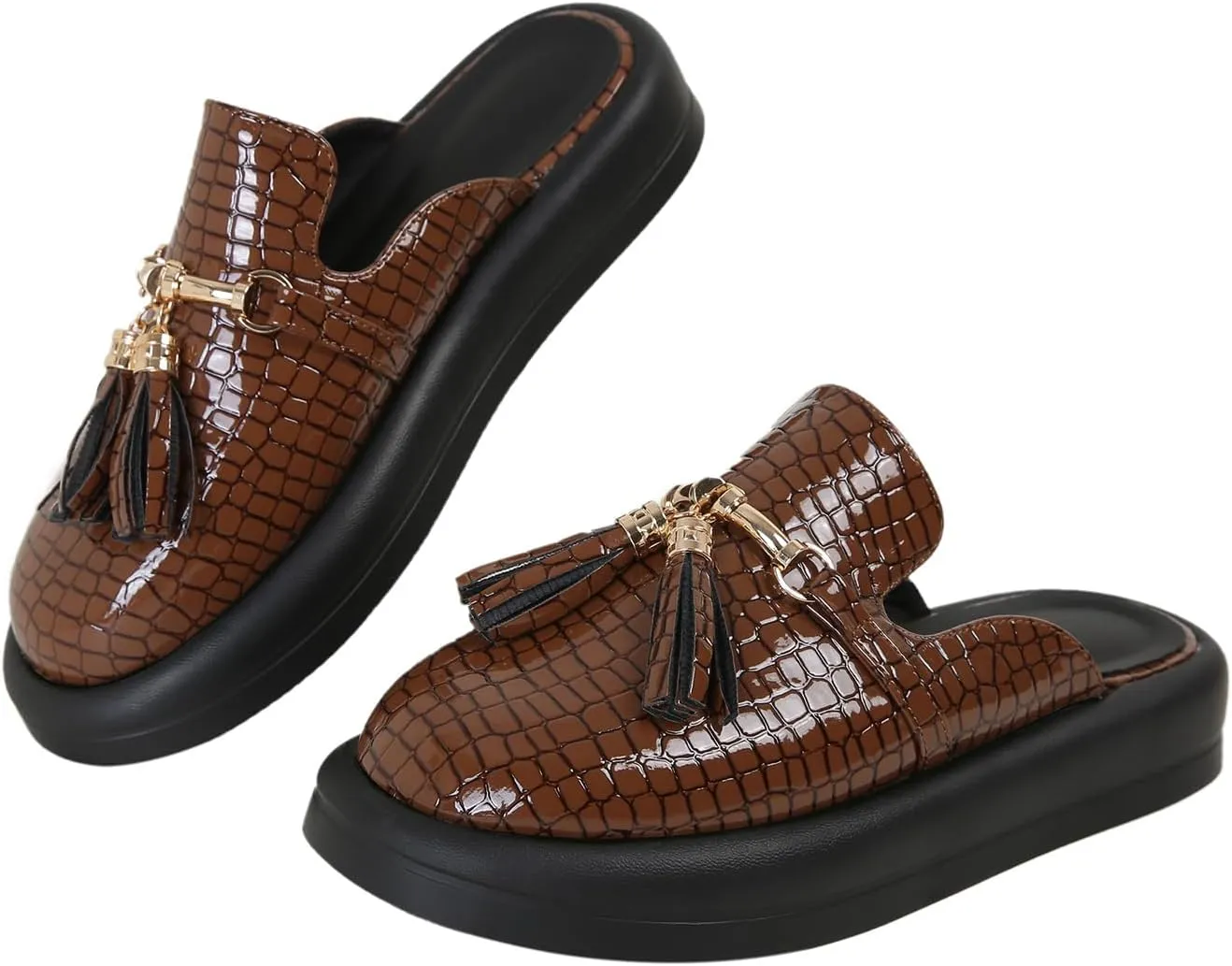 Dumalum Mules for Women Flats Closed Round Toe Slip on Sandals Comfortable Loafers Slides Shoes with Metal Chain Decor
