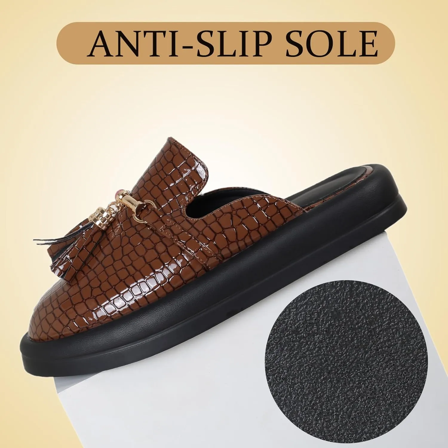 Dumalum Mules for Women Flats Closed Round Toe Slip on Sandals Comfortable Loafers Slides Shoes with Metal Chain Decor