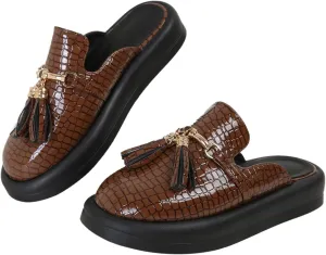 Dumalum Mules for Women Flats Closed Round Toe Slip on Sandals Comfortable Loafers Slides Shoes with Metal Chain Decor
