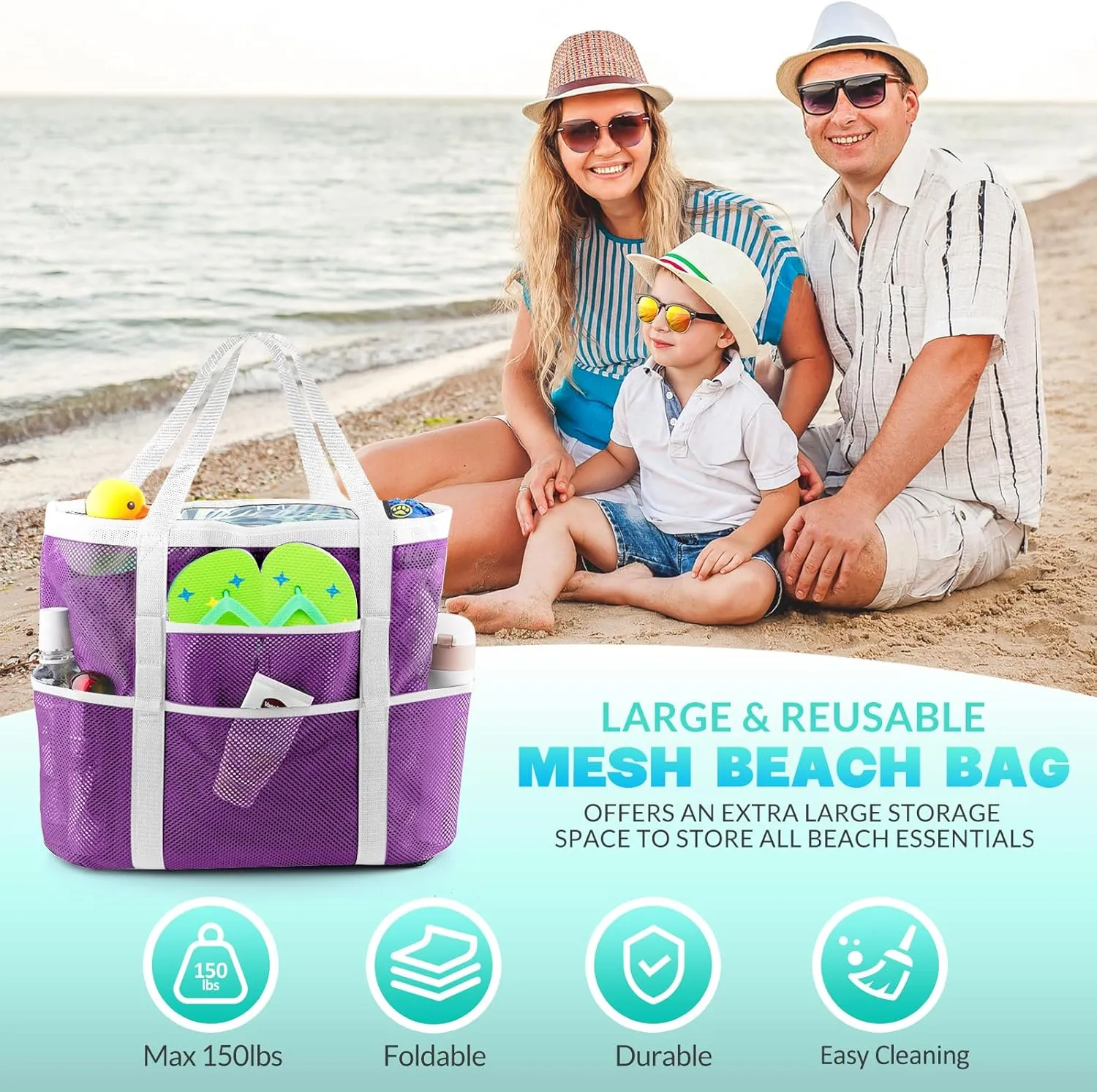 EASYFUN Beach Bag Large Mesh Beach Bag Lightweight Beach Tote with 9 Pockets Foldable Beach Accessories