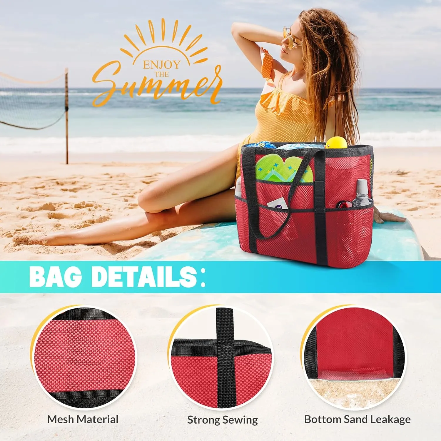 EASYFUN Beach Bag Large Mesh Beach Bag Lightweight Beach Tote with 9 Pockets Foldable Beach Accessories