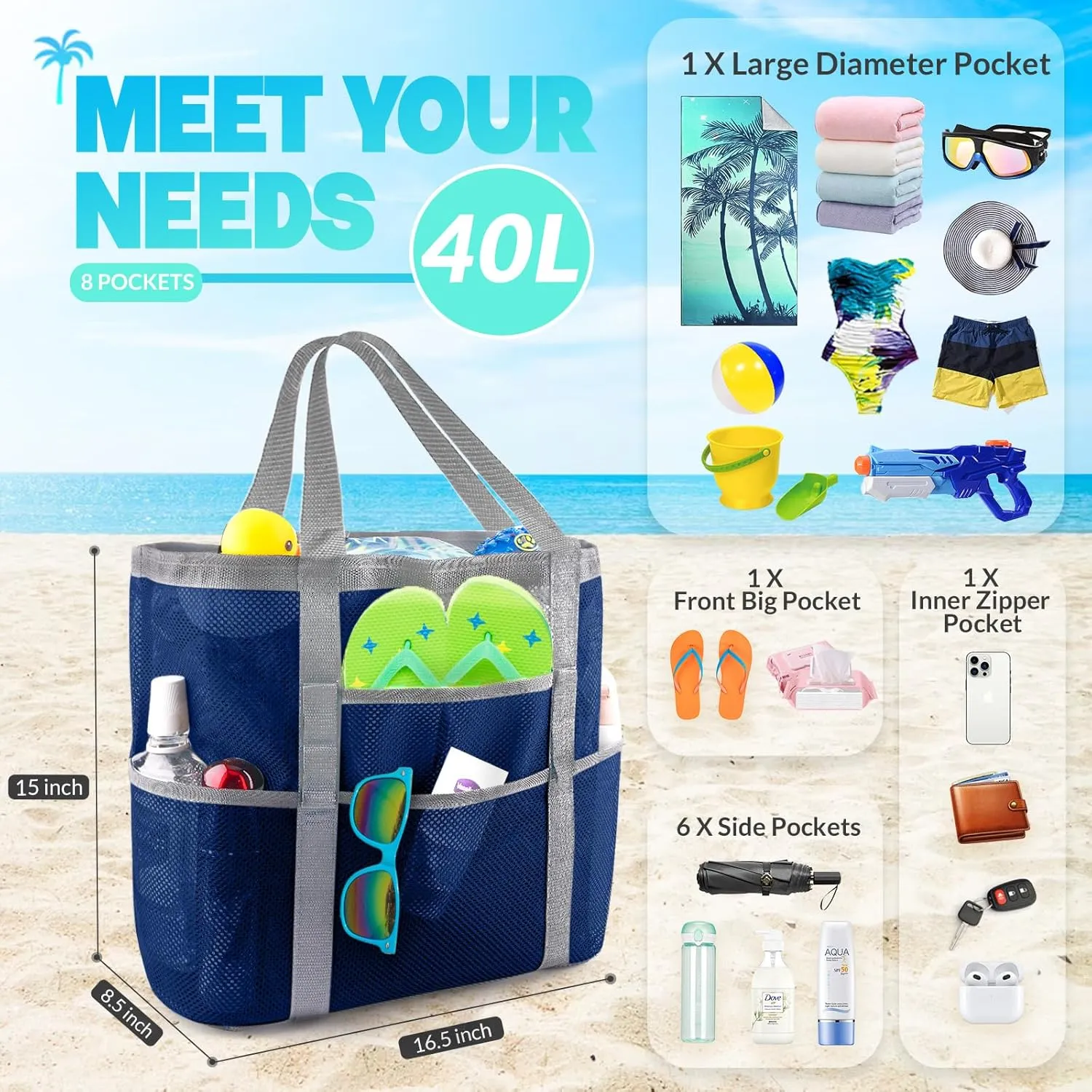 EASYFUN Beach Bag Large Mesh Beach Bag Lightweight Beach Tote with 9 Pockets Foldable Beach Accessories