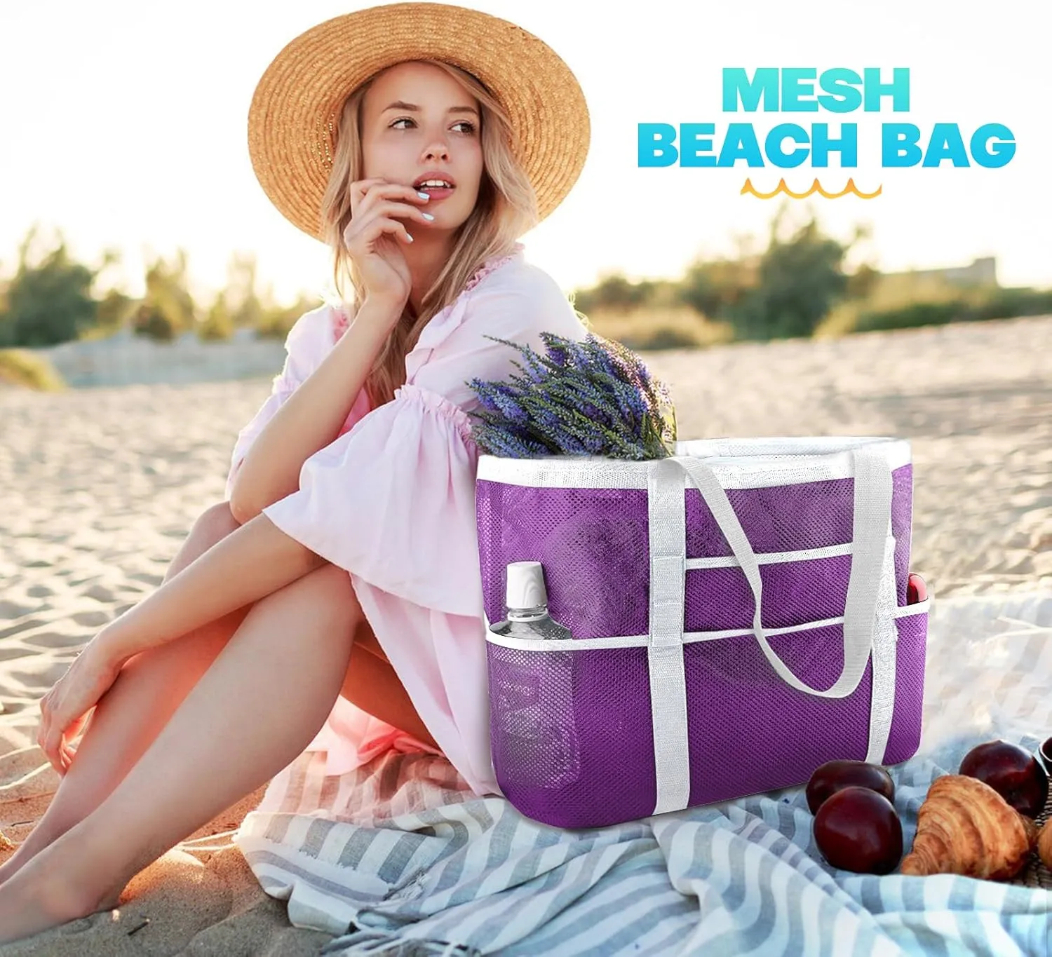 EASYFUN Beach Bag Large Mesh Beach Bag Lightweight Beach Tote with 9 Pockets Foldable Beach Accessories