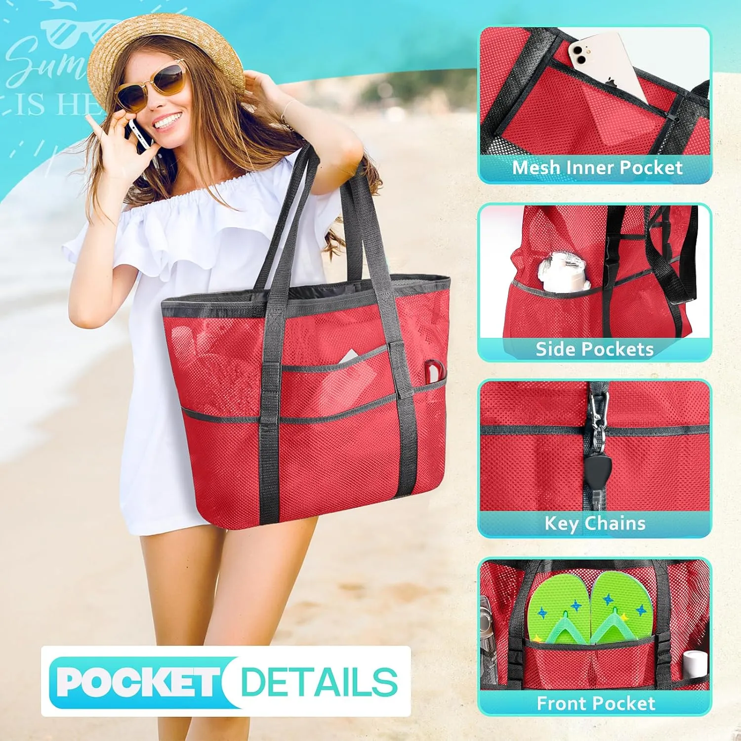 EASYFUN Beach Bag Large Mesh Beach Bag Lightweight Beach Tote with 9 Pockets Foldable Beach Accessories