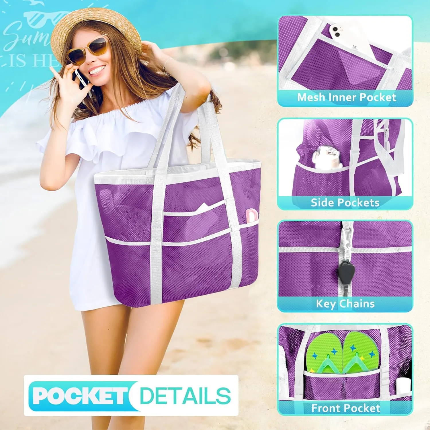 EASYFUN Beach Bag Large Mesh Beach Bag Lightweight Beach Tote with 9 Pockets Foldable Beach Accessories