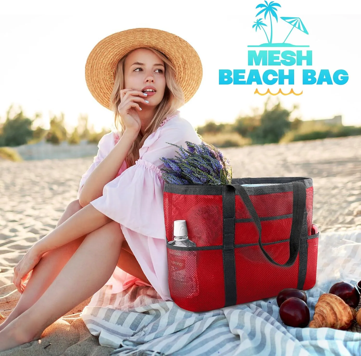 EASYFUN Beach Bag Large Mesh Beach Bag Lightweight Beach Tote with 9 Pockets Foldable Beach Accessories