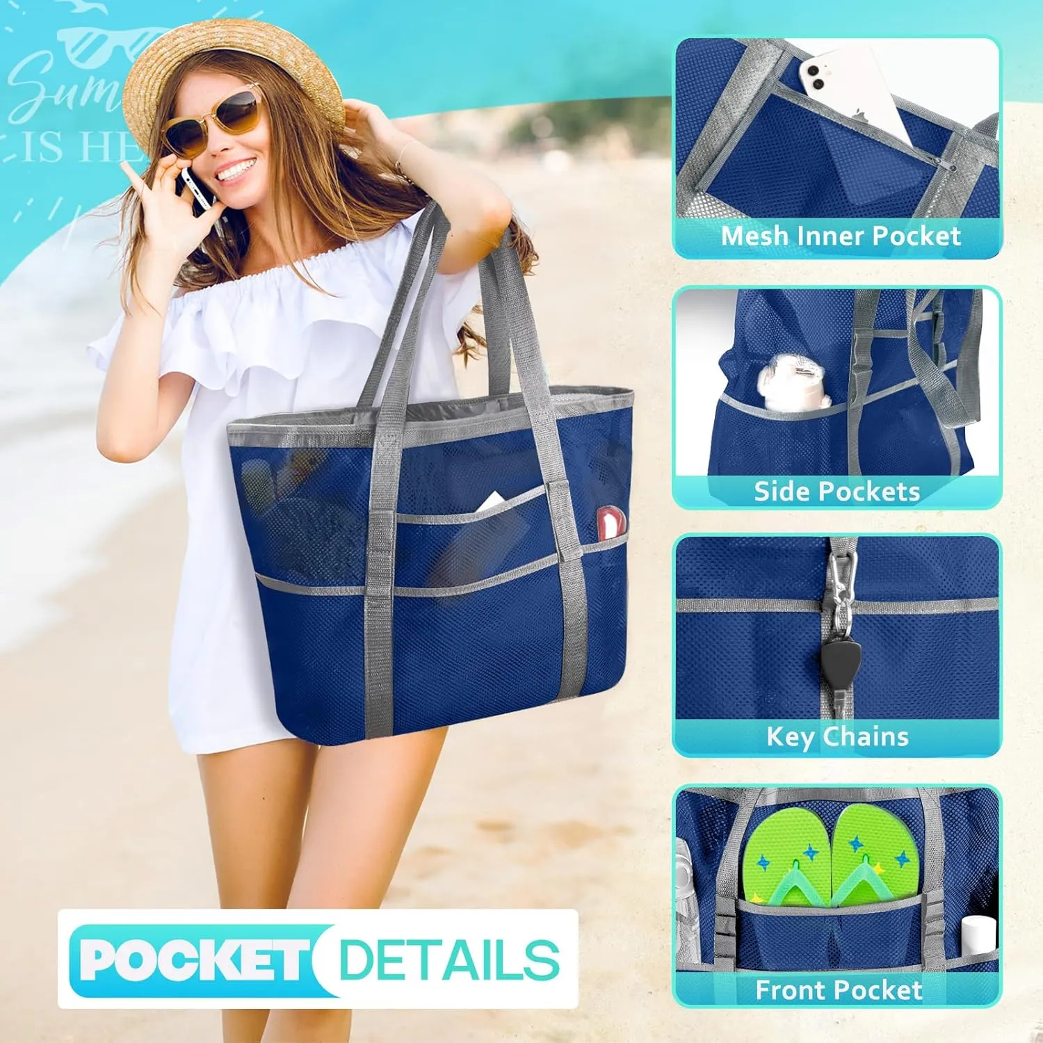 EASYFUN Beach Bag Large Mesh Beach Bag Lightweight Beach Tote with 9 Pockets Foldable Beach Accessories